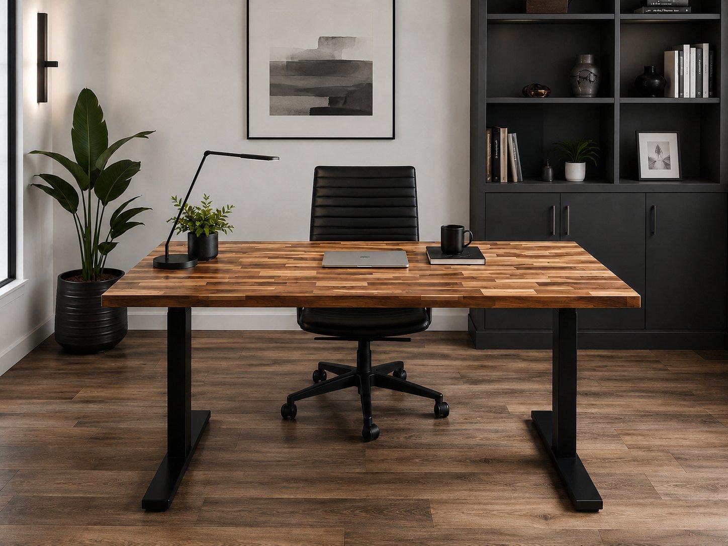 Straight-edge acacia desktop on a black dual-motor sit-stand frame