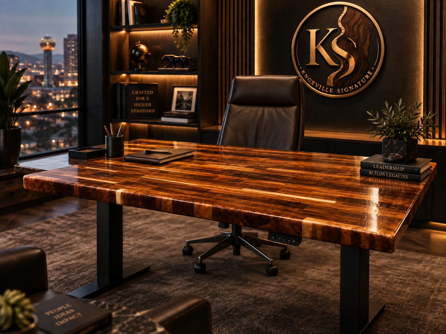 Handcrafted Knoxville Signature executive desk in a luxury office at dusk